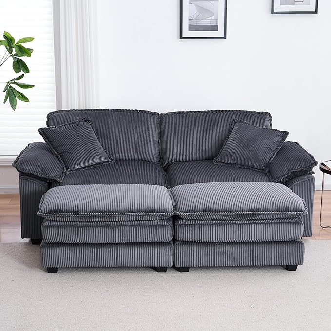 84.6” Corduroy Loveseat with Ottoman Oversized Double Chaise Lounge Chair Indoor Deep Seat Two Seater Couch Cloud Couch Modular Sectional Sofa for Living Room(Corduroy Grey)