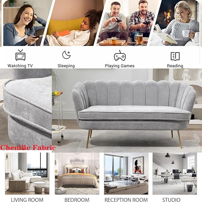 Modern Chenille Loveseat CouchFuton Small Sofa with Gold Metal Legs 2-Seater Upholstered Mini Sofa Couches for Small SpaceLiving Room Bedroom Office Dorm Studio Apartment Love Seat Couche(Grey)
