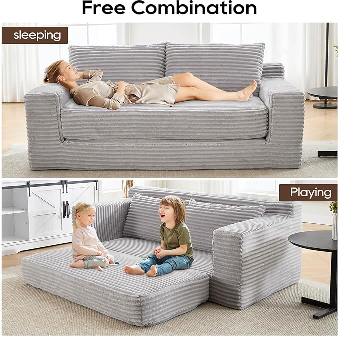 2 in 1 Convertible Sleeper Sofa Bed 72 Corduroy Loveseat Sofa w/ 2 Pillows Oversized Chaise Lounge Chair Indoor Pull Out Couch Bed for Small Spaces/Living Room/Bedroom No Assembly (Light Gray)