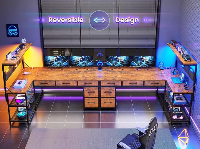 Itaar L Shaped Desk with 5 Drawers and Storage Shelves Reversible Computer Desk with Bookshelf for Home Office Corner Gaming Desk with LED Lights Power Outlets and Storage Bad Rustic Brown