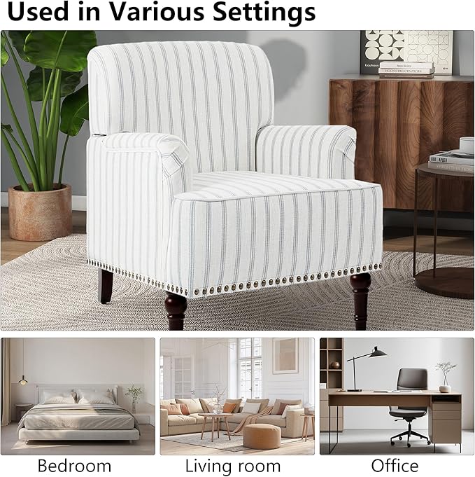 Accent Chair Mid Century Modern Comfy Armchair for Living Room Linen Fabric Single Sofa Lounge for Reading Bedroom Apartment Waiting Room with Wood Legs (Pinstripe Light Blue Set of 1)