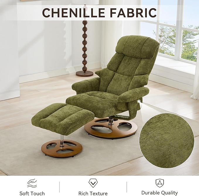 FOXHUNTER Chenille Recliner Chair with Ottoman Modern Massage Swivel Lounge 360° Swivel Rocker Recliner Comfy Modern Accent Arm Chairs for Living Room Bedroom (ChenilleGreen)