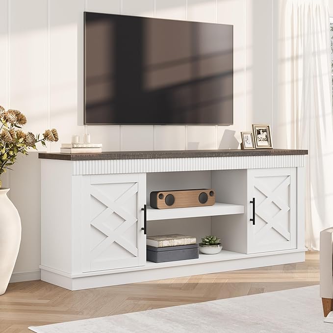 GarveeHome Farmhouse TV Stand for 70/75 in TVs 65 in Long Entertainment Center w/ 2 Door &ampOpen Storage Shelf Rustic Fluted Television Consoles Stands for Living Room Bedroom
