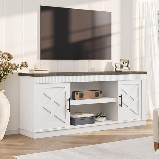 GarveeHome Farmhouse TV Stand for 70/75 in TVs 65 in Long Entertainment Center w/ 2 Door &ampOpen Storage Shelf Rustic Fluted Television Consoles Stands for Living Room Bedroom