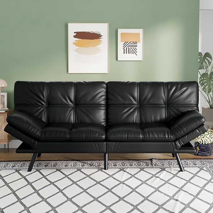 Opoiar 71 L Covertible Futon Sofa BedFaux Leather Futon Couch Memory Foam Modern Loveseat Sleeper Small Splitback Sofa Couches for Living RoomRVHome OfficeApartmentBlack