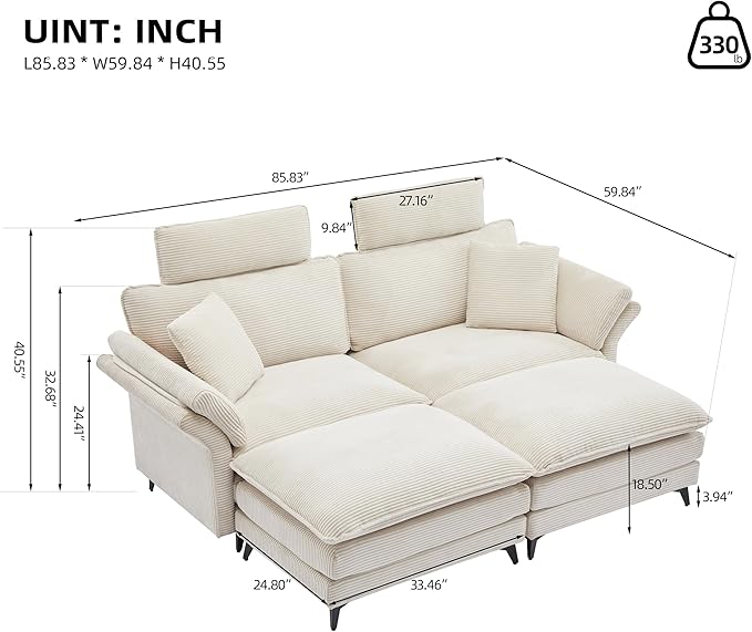 Deep Seat Sectional Sofa Comfortable Cloud Sofa with Ottomans loveseat Sofa 85.8''Modern Corduroy Upholstered Sectional Sofa for Living Room Apartment Studio Office (Beige)