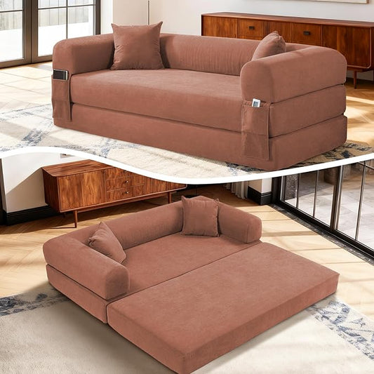 4-in-1 Folding Convertible Sofa Bed 80 Inch Oversized Corduroy Boneless Couch Loveseat Sleeper with Pull Out Bed Floor Sofa Modular Futon Teddy Sofa for Living Room Bedroom Lounge Pink