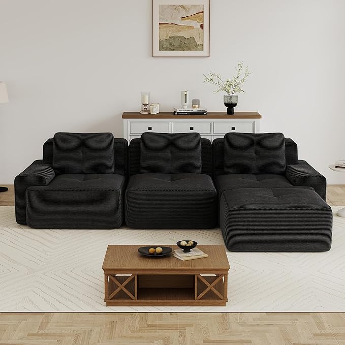 117.3 Modern L Shape Boneless Couch with Ottoman 3 Seater Corduroy Modular Sectional Sofa Comfy Cloud Sleeper Sofa with Deep Seat Upholstered Couches for Living Room Apartment Black