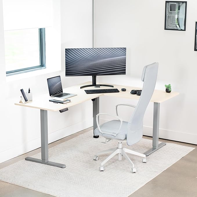 VIVO Corner Standing Desk 63 x 55 inch Reversible L-Shaped Workstation Electric Height Adjustment Home Office and Reception Rooms Light Wood Table Top Gray Frame DESK-E3CTGC