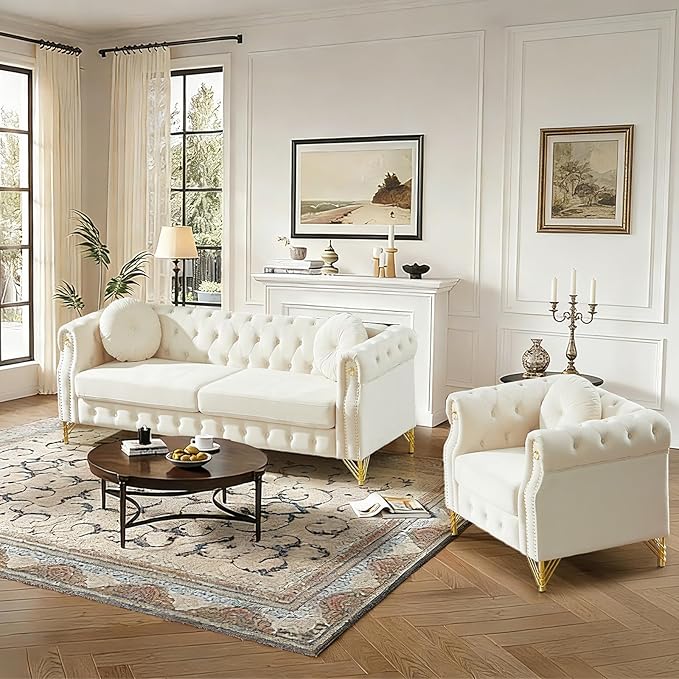 Chesterfield Velvet Button Tufted Sofa 82&amp37 Modern 4-Deep Seater Couch Retro Style Upholstered Comfy Sectional Sofa for Living Room Bedroom Apartment Office Beige