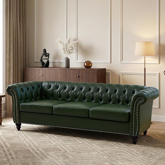AVZEAR 84 Chesterfield Sofa Vintage Green 3-Seater PU Leather Couch Mid-Century Modern Faux Leather Sofa Button Tufted Back with Rolled Arms for Large Living Room Apartment Green