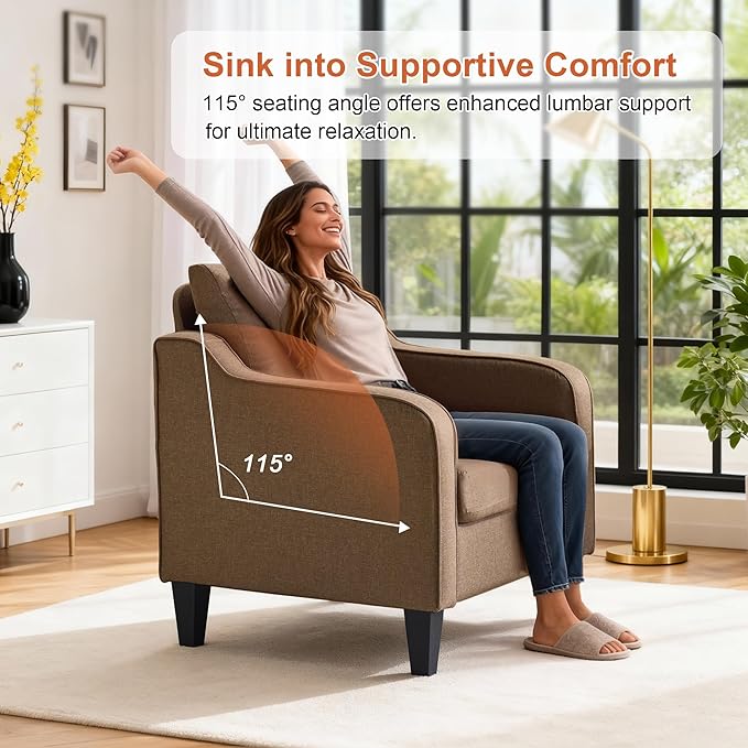 Accent Chair Brown Mid Century Modern Arm Chair Fine Linen Fabric Upholstered Armchair with Scooped Arms Comfy Reading Chair for Living Room Bedroom Office Apartment