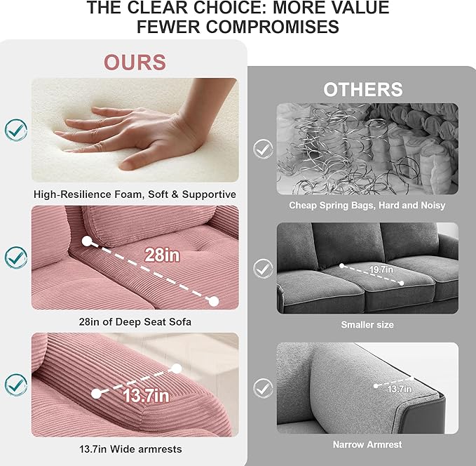 117.3 U-Shaped Cloud Couch Modular Sectional Sofa - Boneless Deep Seat 3-Seater with 2 Movable Ottomans No Assembly Corduroy Upholstery Couches for Living Room (Pink)
