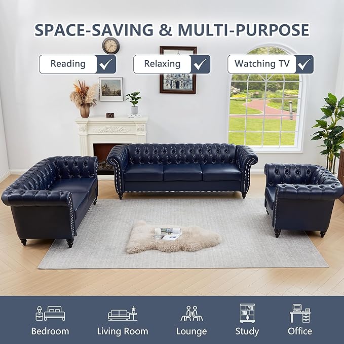 QHITTY Accent Large Sofa Chesterfield Couch 3 Seater Modern Leather Couch Upholstered Sofa with Tufted Back for Living Room Furniture (Blue)