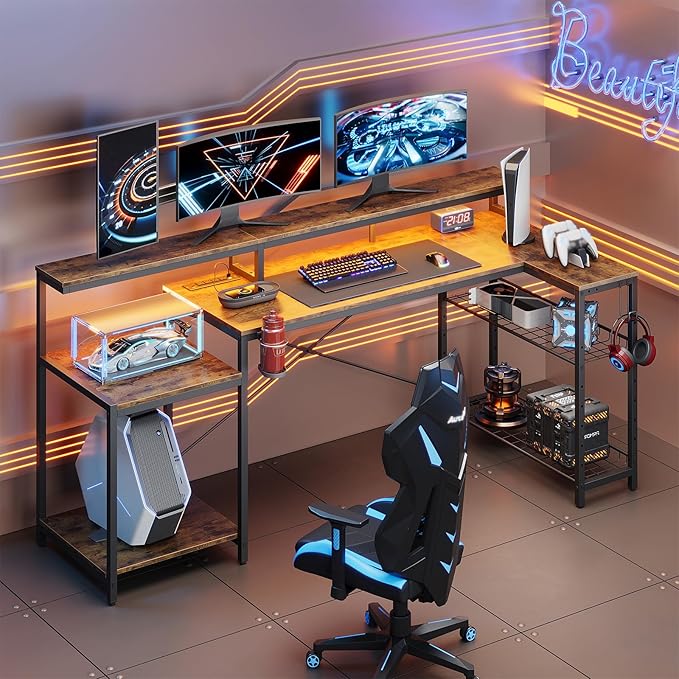 Bestier 71.5 inch Computer Desk with Power Outlets LED Large Home Office Desk with Monitor Stand L Shaped Corner Desk with Printer Stand Adjustable Shelf Cup Holder &amp Headset Hooks Brown