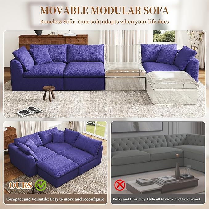 108 Modular Sectional Sofa with Movable Ottoman No Assembly Required Boneless Cloud Couch Deep Seat L Shaped Sectional Couches for Living Room Bedroom and Apartment Purple