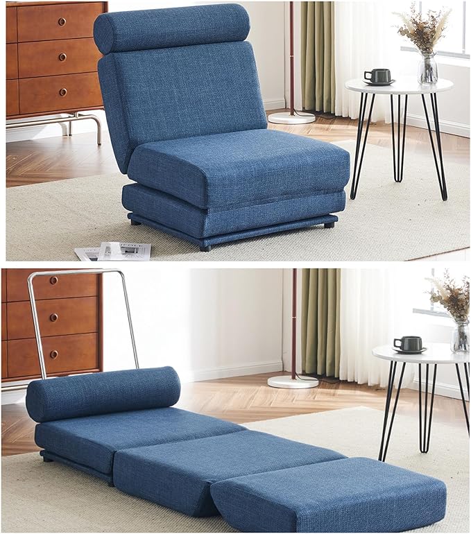Convertible Chair Bed Sleeper&amp Floor Futon Sofa Bed Chair Fold Out Sleeper Chair Bed with Pillow Single Sofa Chair for Bedroom Living Room Small Space (Blue)