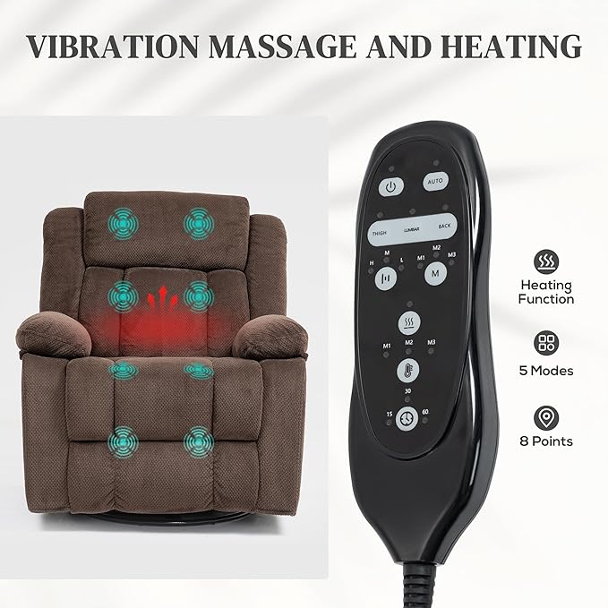 HOMCOM Swivel Rocker Recliner Chair with Vibration Massage and Heat Oversized Velvet Manual Glider Recliner Rocking Chair with Footrest Remote Side Pockets for Living Room Brown