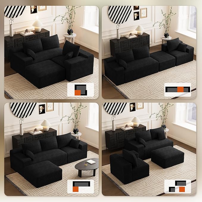 108 Sectional Couches for Living Room Comfy L Shaped Boneless Couches Modern Deep Seat Modular Sofa Cloud Corduroy Couch with Movable Ottoman No Assembly Needed Black