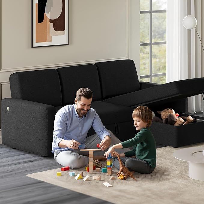 Yaheetech Sectional Sofa L-Shaped Sofa Couch Bed w/Chaise &amp USB Reversible Couch Sleeper w/Pull Out Bed &amp Storage Space Living Room Black