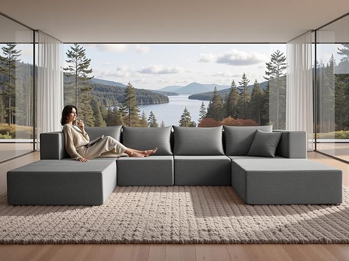 YINIX 140 Modular Sectional Sofa Couches Corduroy Sleeper Deep Seat Sofa Bed Comfy Cloud Couch for Living Room Floor Sofa 6 Piece Free Combination Compression No Assembly Required Grey