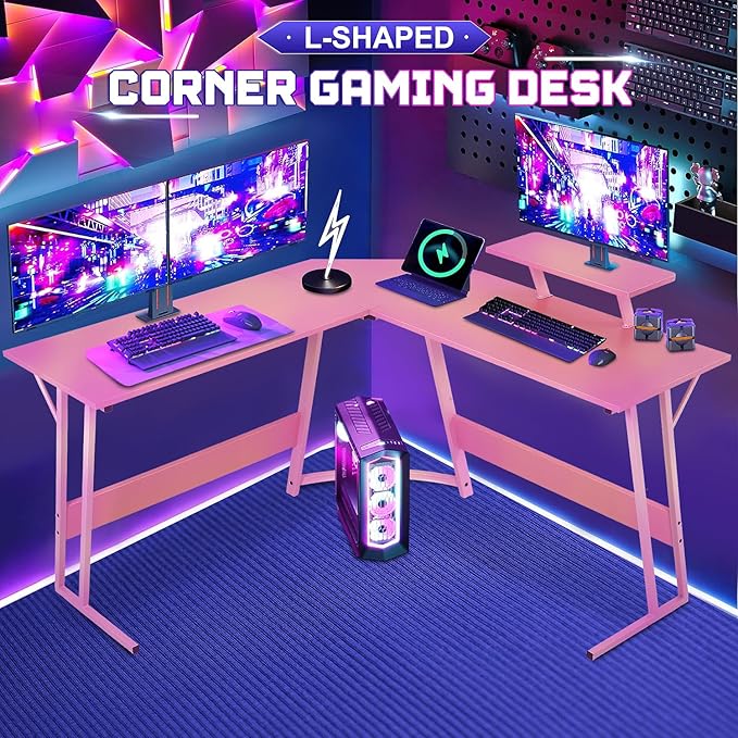 NChanmar L Shaped Gaming Desk with Monitor Riser Stand Home Office Corner Desk for Studying Working and Gaming Large Desktop Pink
