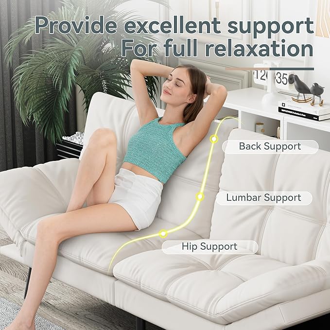 Futon Sofa Bed Convertible Couch White Faux Leather Sofa Bed with Memory Foam Adjustable Backrest &amp Armrests Multifunctional Small Loveseat Sleeper Sofa for Living Room Apartment Office