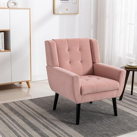 SSLine Velvet Accent Arm ChairMid-Century Modern Upholstered Wingback Single Sofa Armchair Club Chair with Solid Wood Legs Thick Cushion for BedroomReadingLiving Room Chair (Pink)