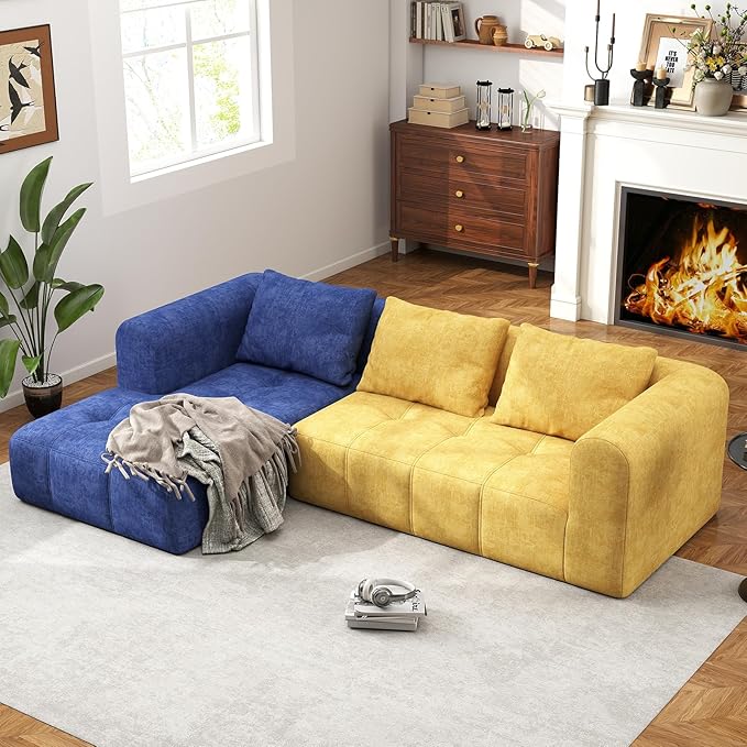105 Modular Sectional Sofa Boneless Couch for Living Room Cloud Sectional Couch with Deep Seat L-Shape Sofa Upholstered Couches for Living Room Bedroom No Assembly Required Blue (Slub Fabric)