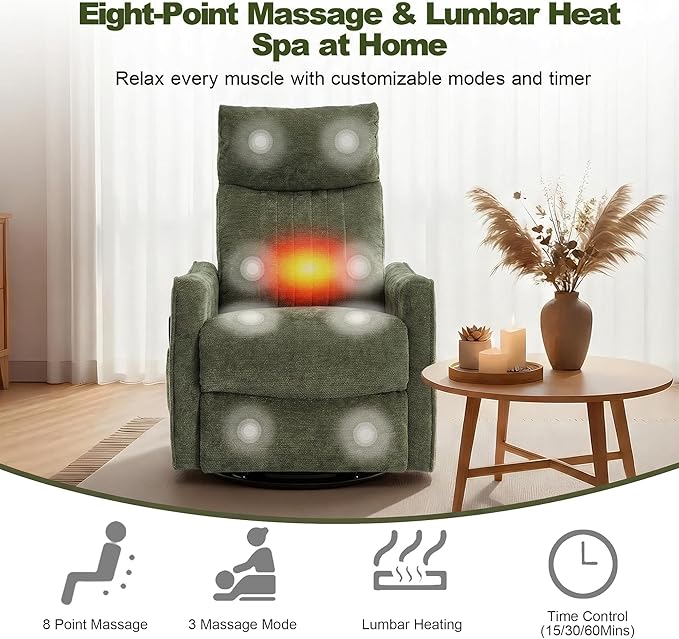 Casaphoria 360° Swivel Rocking Recliner Chair with Heat and Massage Upholstered Fabric Nursery Glider with Side Pocket for Living RoomBedroomHome Theater and RV Small Space(Antique Green)
