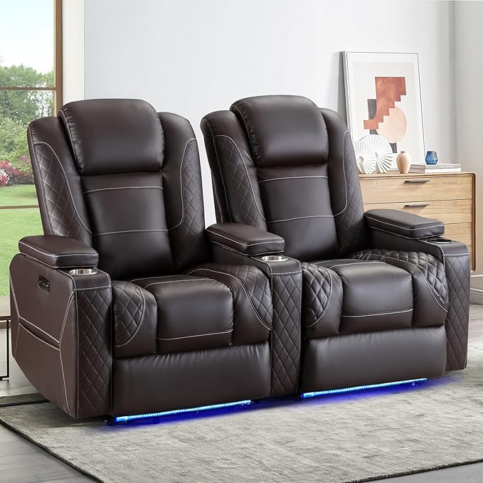 TUNYI Home Theater Recliner Chair - Power Recliner Sofa Chair with Adjustable Headrest Faux Leather Reclining Chair with USB/Storage/LED Light/Cup Holder (Brown 2 Seat)