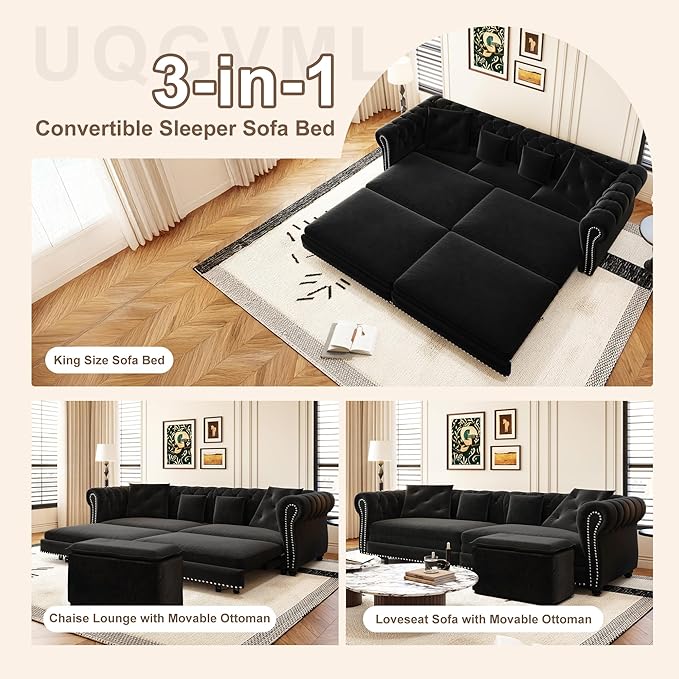 Oversized Sleeper Sofa Couch 89 Convertible Sleeper Sofa Bed for Living Room Bedroom Classic 3-in-1 Pullout Couch Bed with Movable Ottoman (Black with Ottoman)