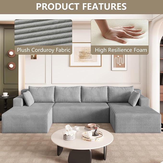124 U Shaped Cloud Couch Sectional Corduroy Upholstered 4-Seater Cloud Couches for Living Room Deep Seat Modular Boneless Sofa with Lounge Chaise No Assembly Required Light Grey