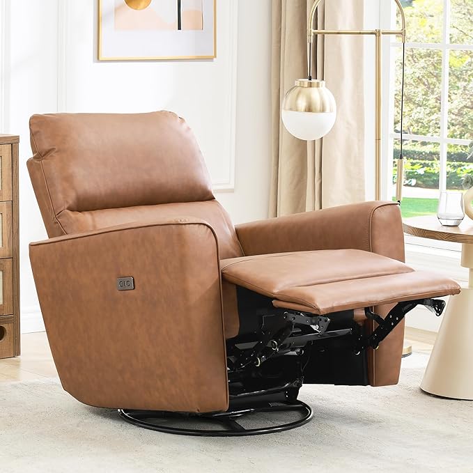 Power Recliner Chair 270° Swivel Rocking Glider with USB Charging Port PU Leather Upholstered Fabric Ergonomic Modern Nursery Chair for Living Room Bedroom Nursery (Power Brown)