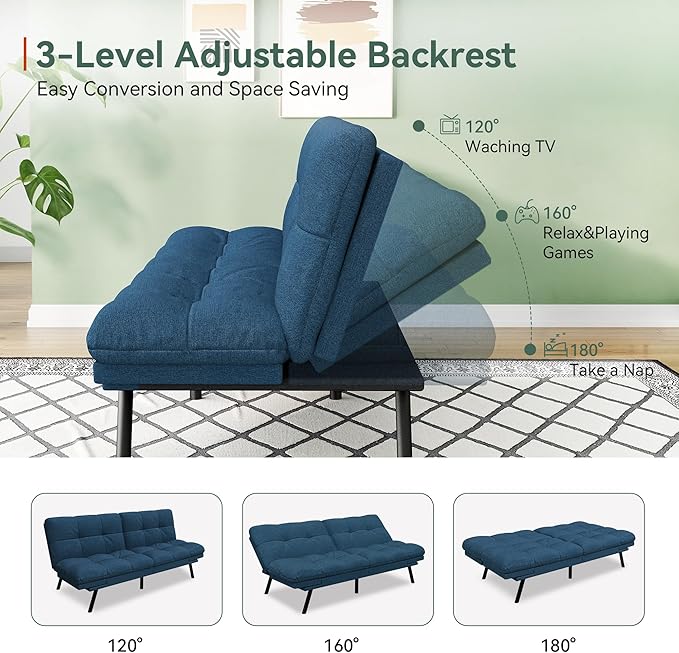 Opoiar Convertible Futon Sofa Bed71 Memory Foam Futon CouchDetachable CushionAdjustable Backrest &amp ArmrestLinen Modern Loveseat Sleeper Recliner for Living RoomOfficeApartmentRetro Blue