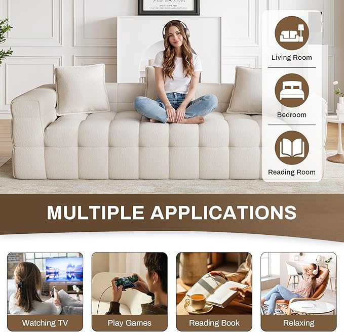 2 Piece Cloud Sofas Set Comfy Tufted Deep Seat 2 Seater Loveseat &amp 3 Seater Couch Sets Modern Chenille Compression Bubble Sofa for Living Room No Assembly Required Beige White