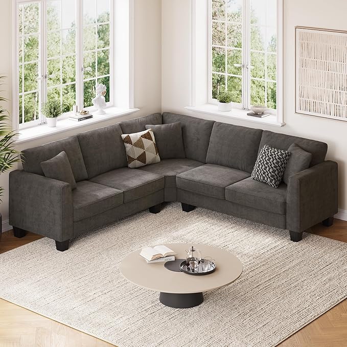 ONBRILL L Shaped Couch Small Corner Sectional Sofa for Living Room Comfy Chenille L Shape Sofa with 3 Throw Pillows Easy Assembly Convertible Sectional Sofa Couches for Apartment Grey