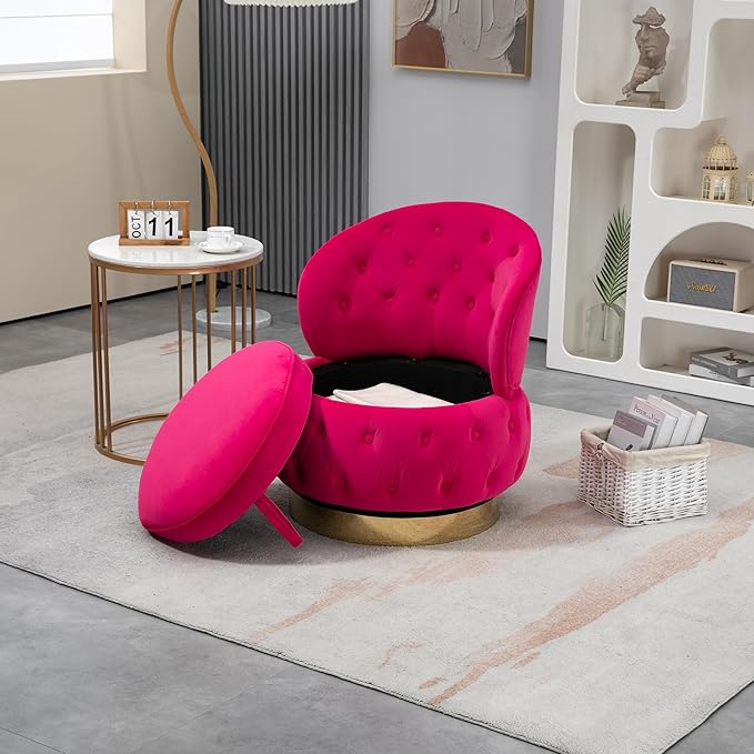 Swivel Barrel ChairVelvet Swivel Accent Chairs Modern Round Storage Small Chairs 360 Degree Upholstered Swivel Boucle Chair for Living Room Bedroom（Red）