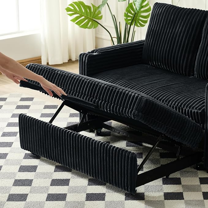 3 in 1 Pull Out Couch 56 Inch Corduroy Sofa Bed Convertible Loveseat Sleeper Sofa for Living Room Adjustment Backrest Upholstered Couch Bed with 2 Side Pockets USB Cup Holder Black