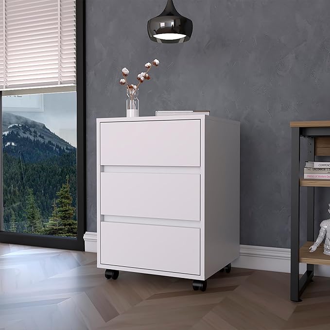 25.98 H White Mobile Filing Cabinet with 3 Drawers 4 Wheels Rectangular Portable Filing Cabinet Modern for Office Study Room