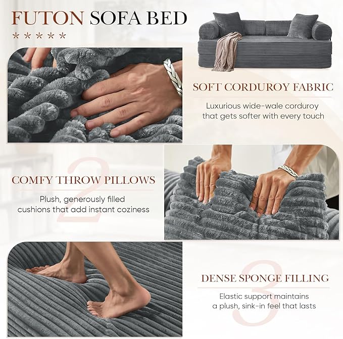 Antetek Modular Couch Bed Convertible Folding Plush Corduroy Comfy Floor Compression Loveseat Sleeper Sofa Couch King Size Bed for Guest Room Living Room Bedroom No Assembly Required Light Grey