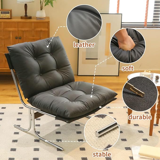 Modern PU Leather Living Room Chair-High Back Ergonomic Lounge Chair with Soft Padded Seat &amp Sturdy Metal Legs Mid-Century Stylish Living Room Reading Chair for Office Bedroom(Black + Faux Leath
