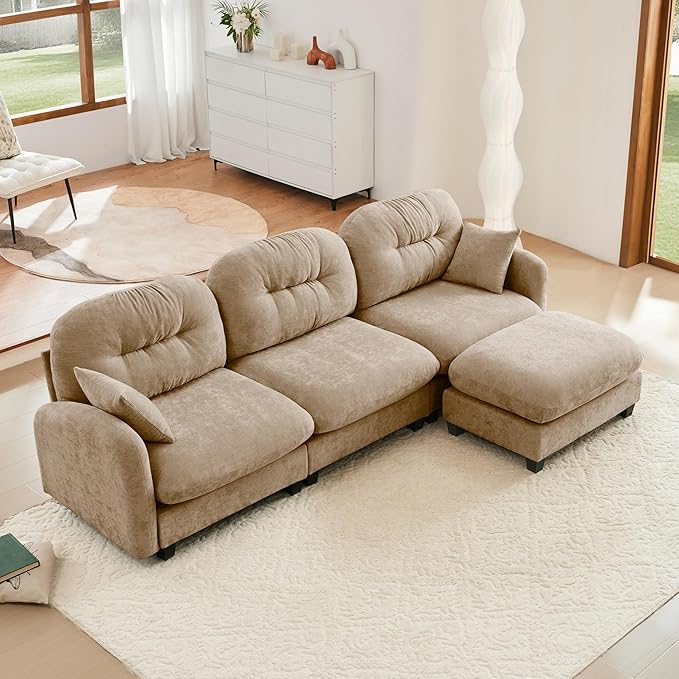 mikibama 107 Chenille Cloud Sofa Couch with OttomanModern Modular Sectional 3 Seater L-Shaped Sofas with Deep SeatChic L Shape Couch with Chaise Lounge &amp Curved Arms for Living Room(Camel3S+1O
