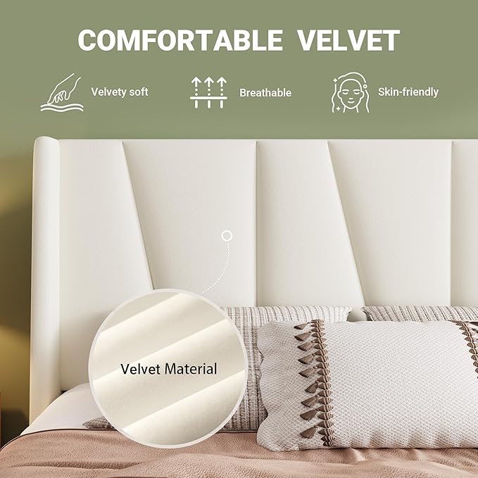 Allewie Full Size Platform Velvet Bed Frame with Geometric Wingback Headboard Boho Upholstered Bed with Wooden Slats Support No Box Spring Needed Easy Assembly Cream