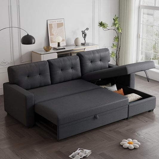 82 L Shaped Sleeper Sofa Bed with Storage ChaiseConvertible Sectional Pull Out Couch with 3 Tufted Back Cushionfor Living RoomApartmentOfficeDark Gray