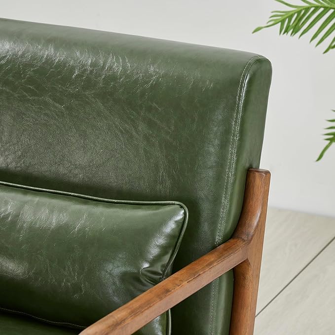 Glitzhome 2 Set Mid Century Hunter Green Accent Armchair Single Reading Armchair PU Leather Lounge Chair with Walnut Ruberwood Frame