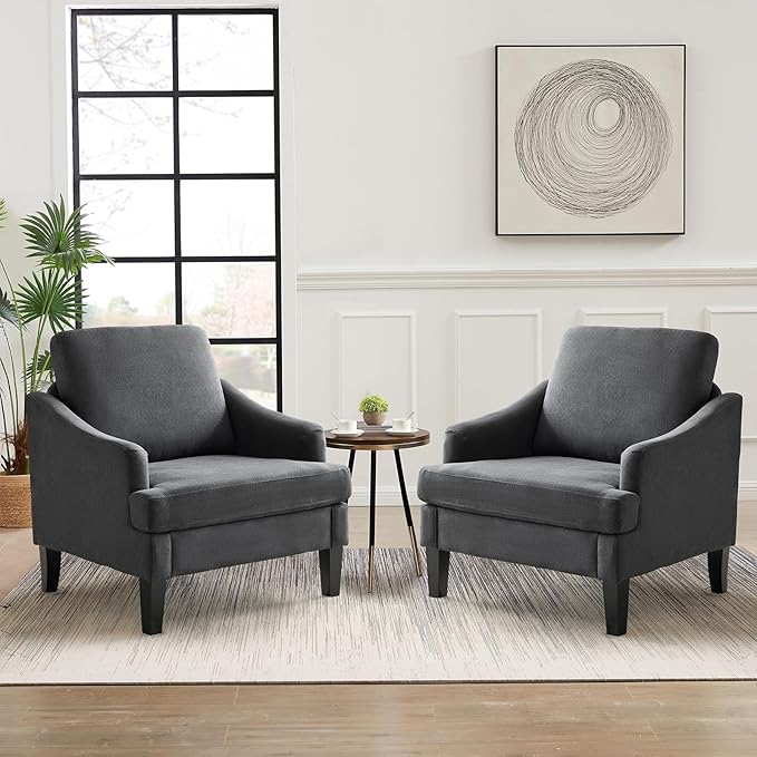 Bezseller Modern Accent Chairs Set of 2 Comfy Upholstered Living Room Chairs Cozy Mid-Century Armchair with Wood Legs Single Sofa Chair for Living Room Bedroom Apartment Reading Spaces Dark Grey
