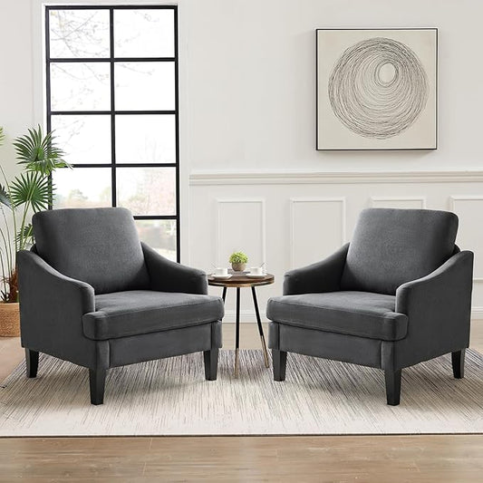 Bezseller Modern Accent Chairs Set of 2 Comfy Upholstered Living Room Chairs Cozy Mid-Century Armchair with Wood Legs Single Sofa Chair for Living Room Bedroom Apartment Reading Spaces Dark Grey