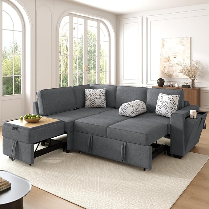 83.9 Convertible Sectional Sofa Bed Chenille L-Shaped Sofa with Dual Pull-Out Sleepers Flip-Top Table USB Ports Cup Holder &amp Storage for Living Room Office Apartment (Dark Gray-7.22)
