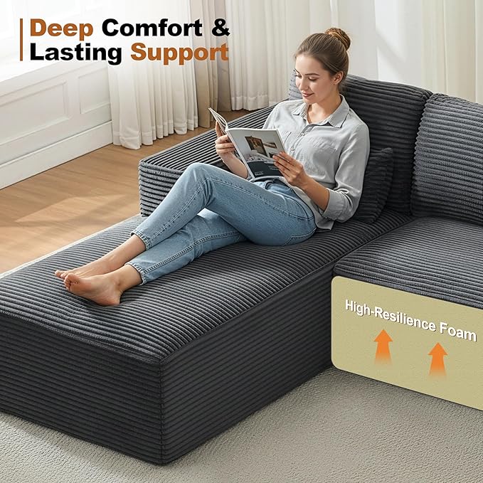 Modular Sectional Cloud Couch for Living RoomModern Boneless Couche Set with Plush CorduroyComfy Floor Sofa with Memory FoamStupendous U Shaped SofaNo Assembly RequiredGrey